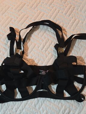 Black Strappy Underwire Bra with Gold Rings - Women Intimates